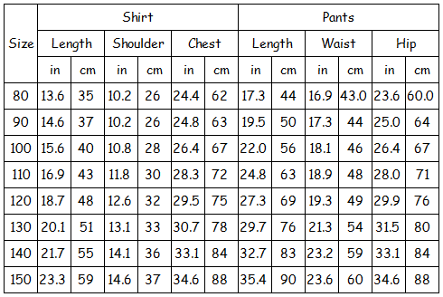 Handsome Boys Suits-size chart