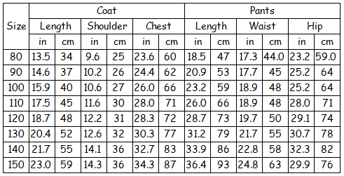 Toddlers Suits for Boys-size chart